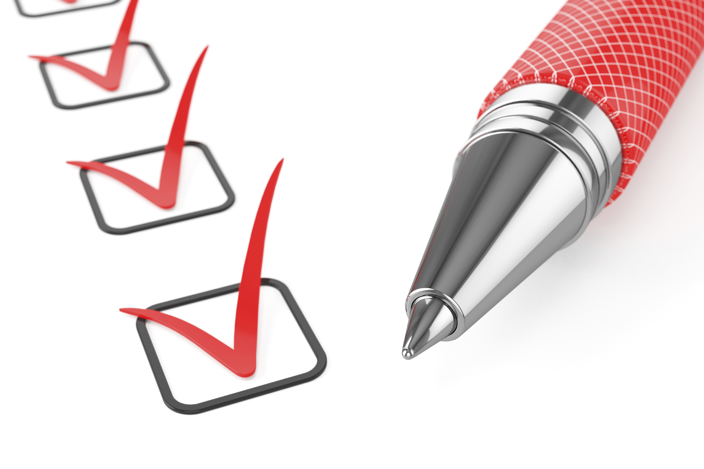 Red pen on checklist isolated on white background 3d